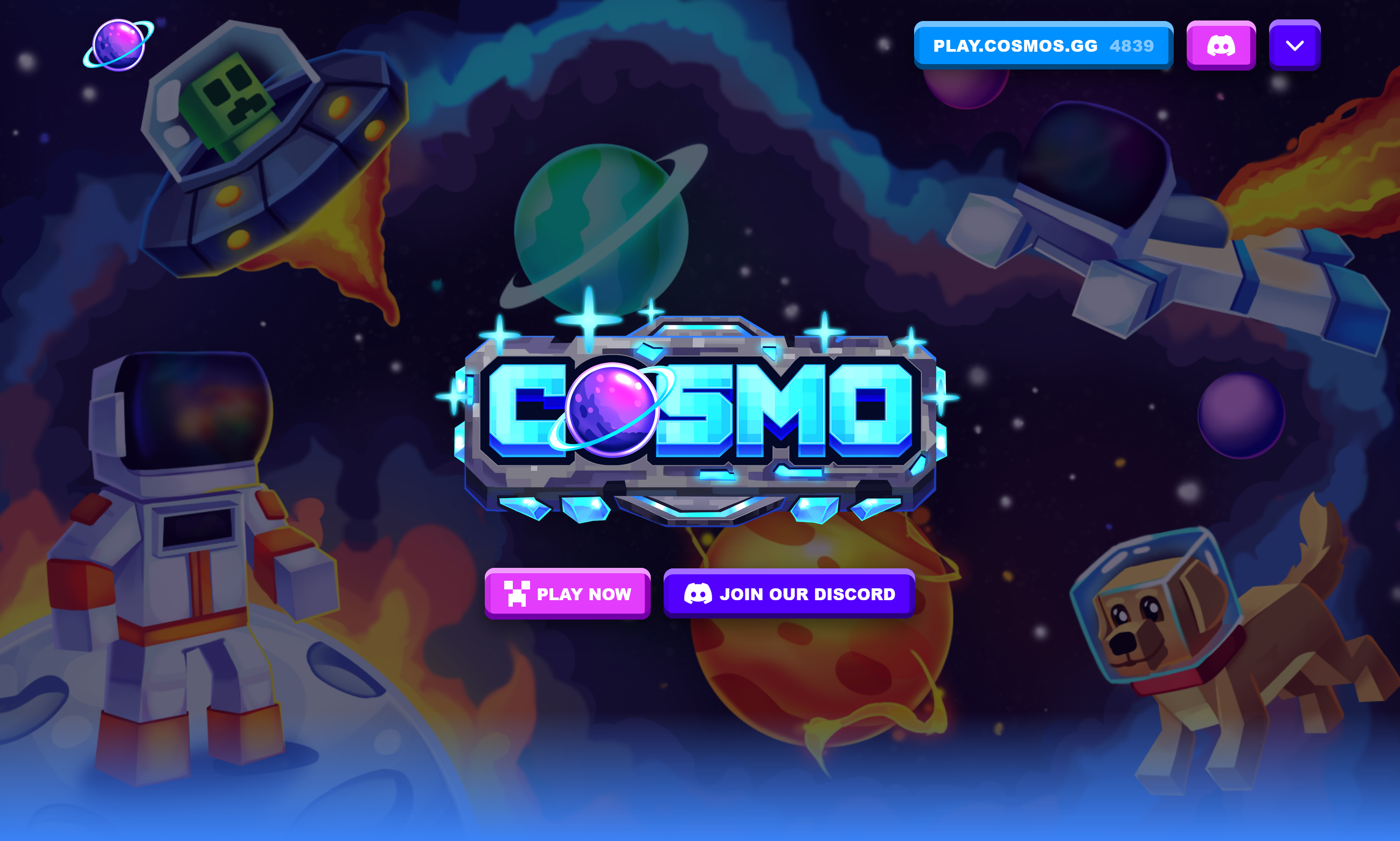Cosmo website hero with play and Discord calls to action.